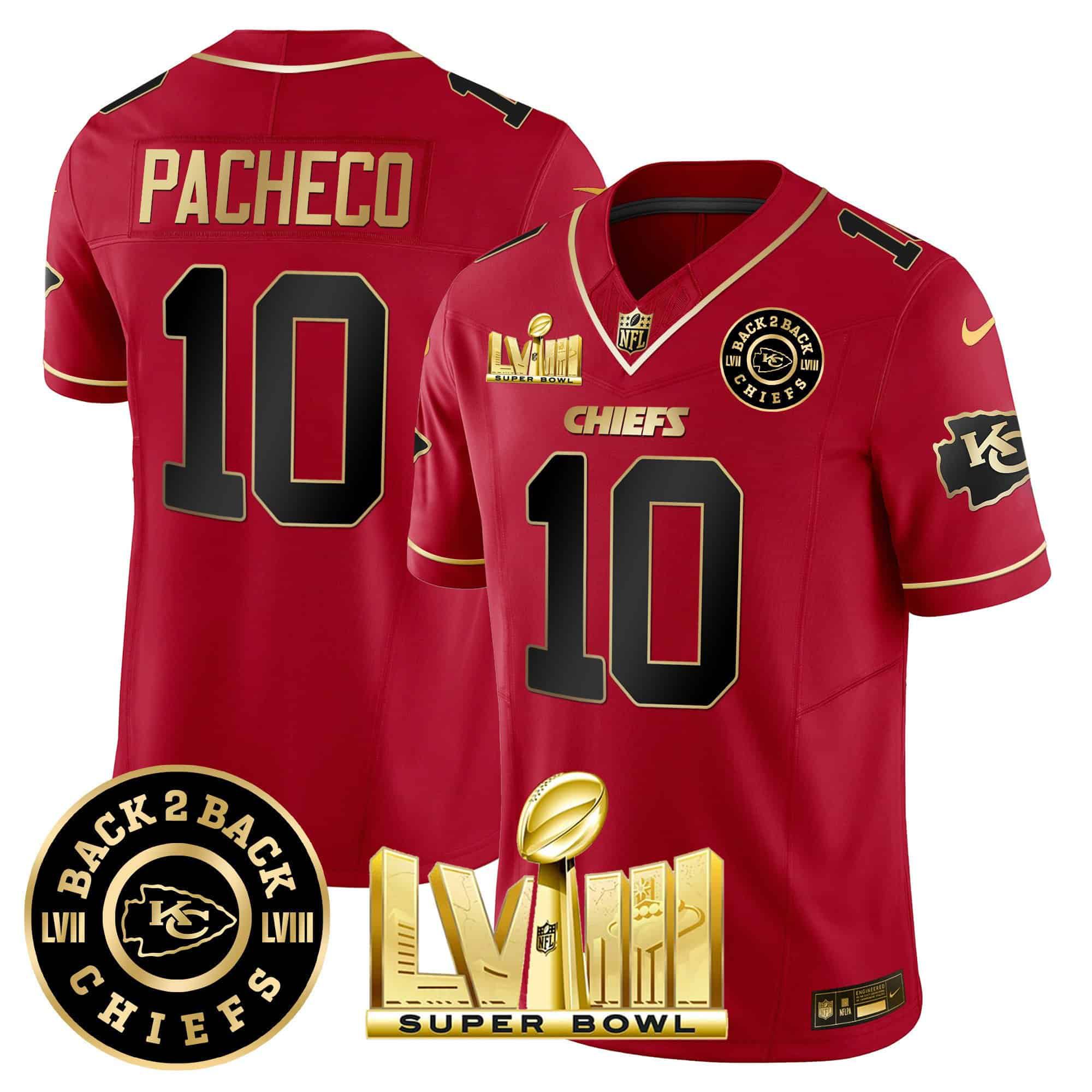 Men Kansas City Chiefs #10 Pacheco Red 2024 Nike Super Bowl LVIII & Back-2-Back Patch Vapor NFL Jersey style 2